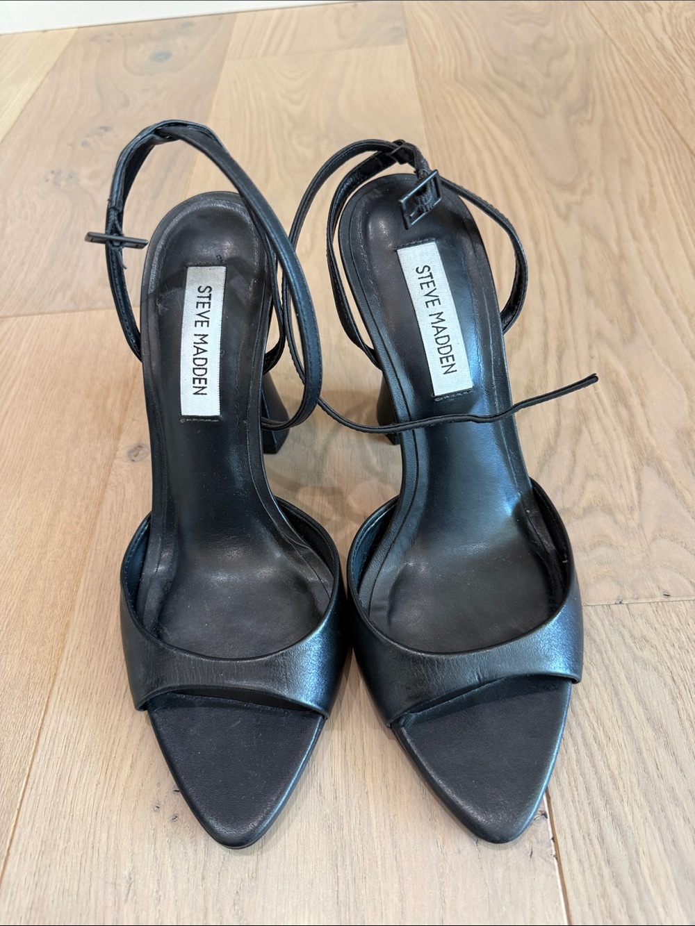 Steve Madden Black Leather Pointed-Toe Ankle-Strap Heels